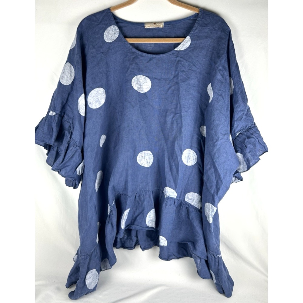 Lands Down Under 100% Linen Blue Polka Dot Oversized Tunic One Size Lagenlook